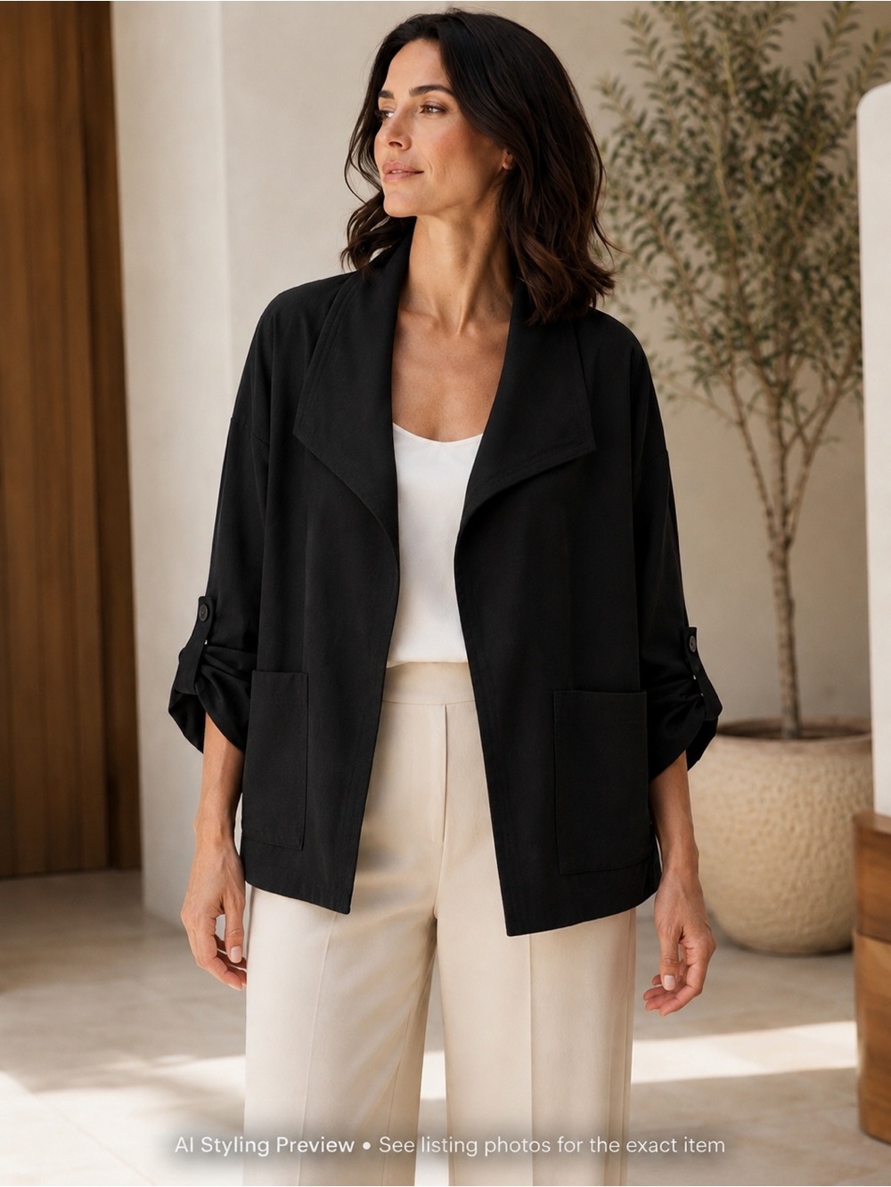 Max Studio Black Draped Open Front Jacket M Oversized Pockets Roll Tab